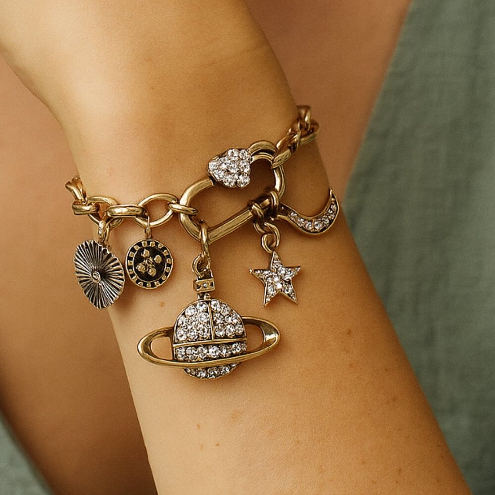 Love You To The Moon & Back Vintage Gold Tone Charm Bracelet with Rhinestones